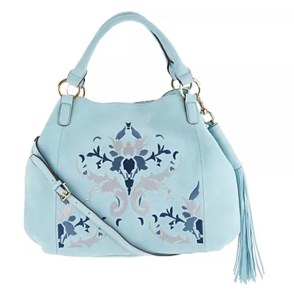 GILI Suede Embroidered Large Crossbody Tote Pale Blue - Picture 1 of 16